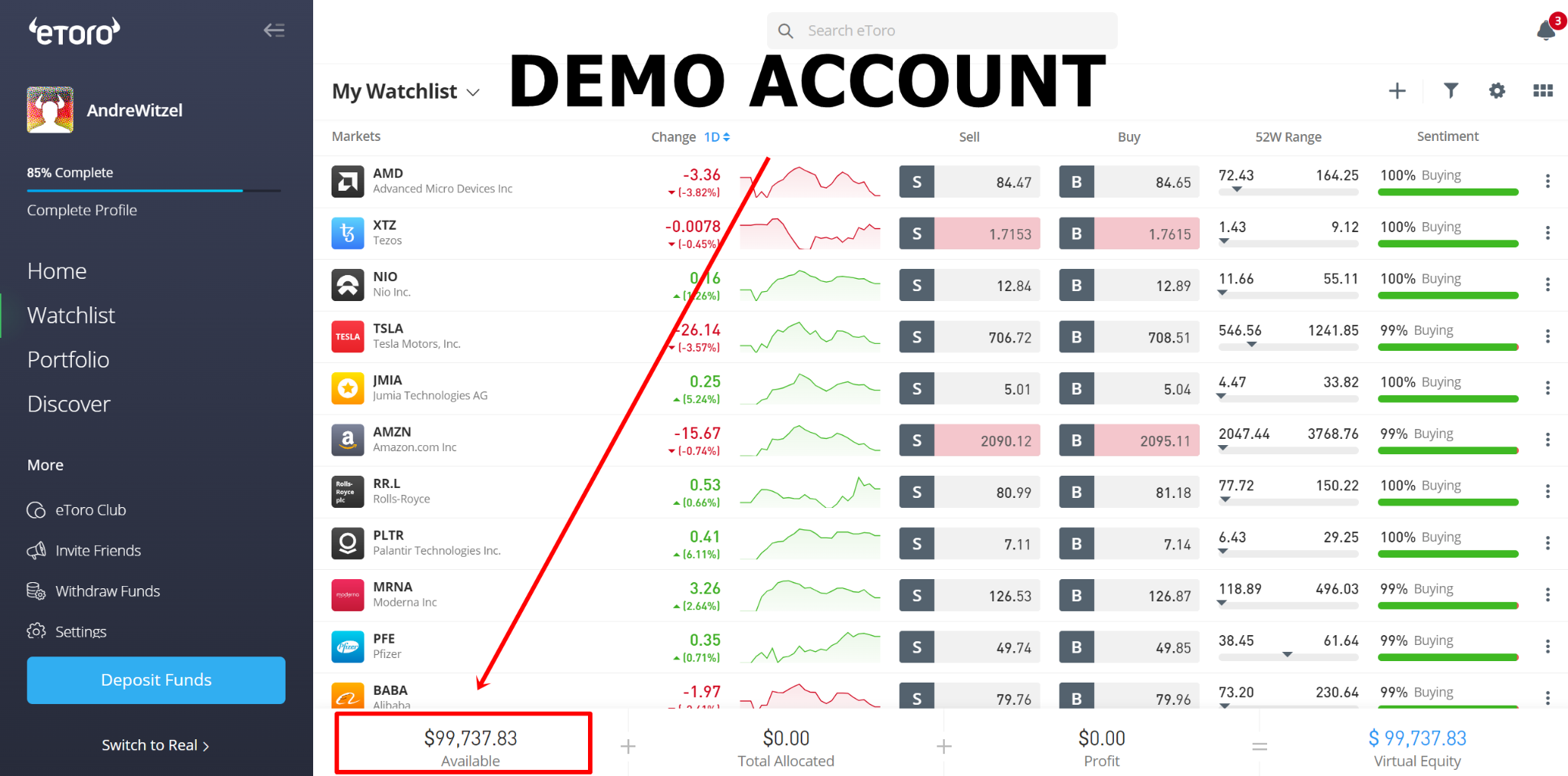 Tài khoản sàn eToro.